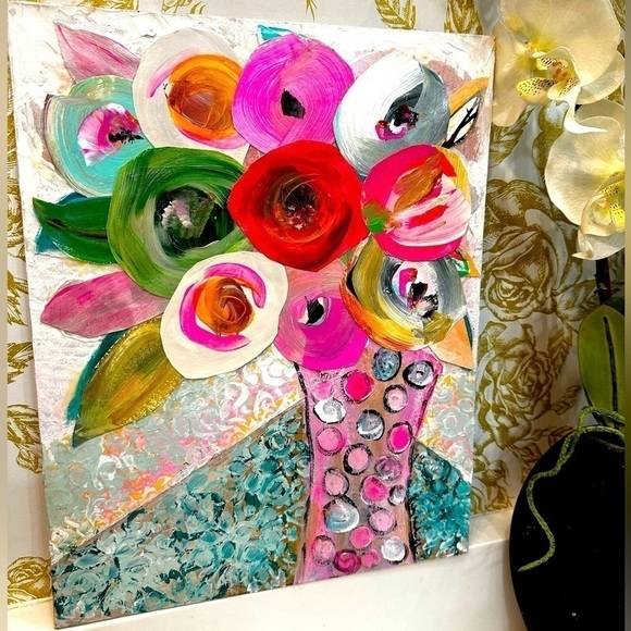 Original Art Painting Mixed Media Acrylic Collage on Canvas Board Pink Floral - Picture 1 of 8